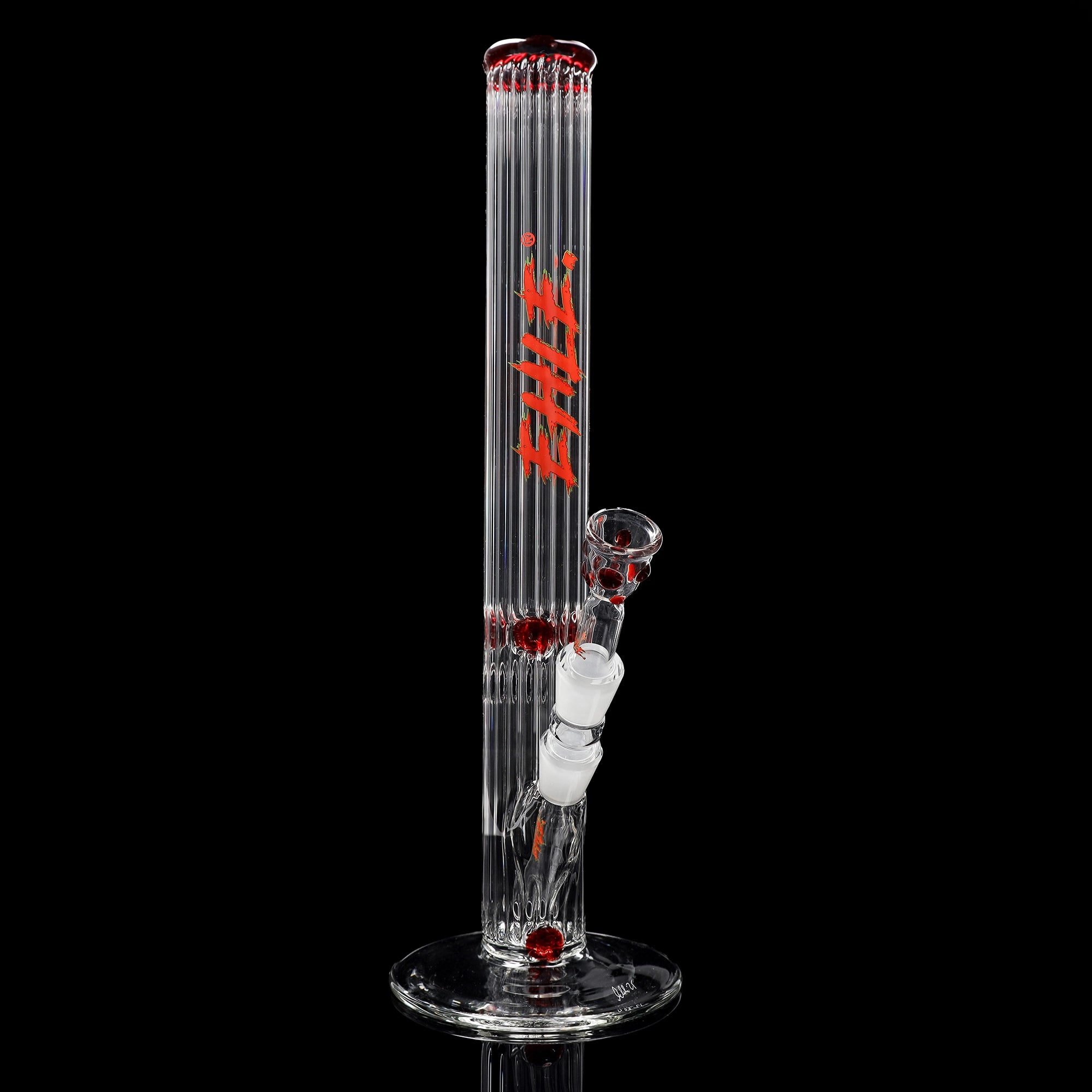 Red Series Bong #6 Tubo a coste (45cm), NS 18, base rotonda; Bocchino: Rosso monocromatico; Tacche per il ghiaccio: Rosso monocromatico; Logo: Logo speciale Rosso-Verde